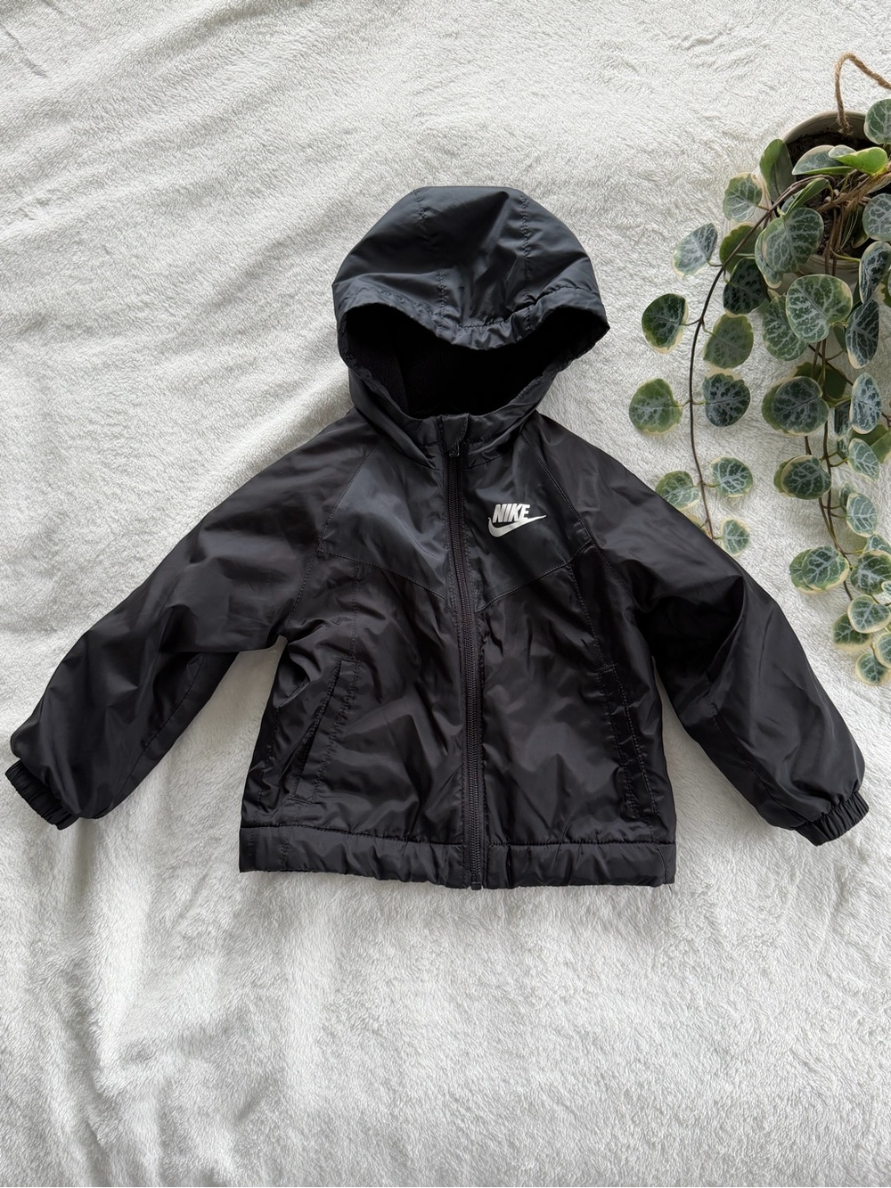 Nike Kids Black Hooded Fleece Lined Rain Jacket with White Logo